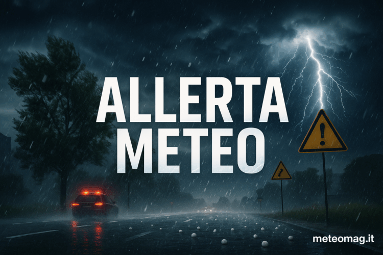 Banner Allerta Meteo: forte maltempo con nuvoloni, pioggia torrenziale, fulmini, strada allagata, auto con luci d’emergenza e cartelli di pericolo, Meteomag.it