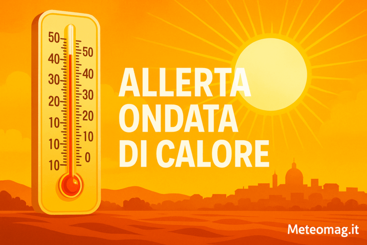 Banner Allerta Ondata di Calore: sole rovente, termometro con temperature elevate, colori caldi, città italiana stilizzata e scritta ALLERTA ONDATA DI CALORE, Meteomag.it