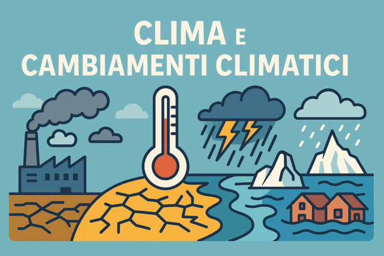Illustrazione orizzontale sui cambiamenti climatici: a sinistra una fabbrica con fumo, al centro un termometro e terreno arido, a destra temporali, piogge, scioglimento dei ghiacciai e case sommerse dall’acqua.