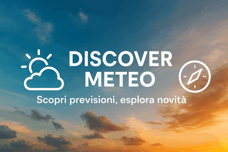 Banner Discover Meteo: scopri previsioni, esplora novità meteo con icone meteo su cielo al tramonto, Meteomag.it