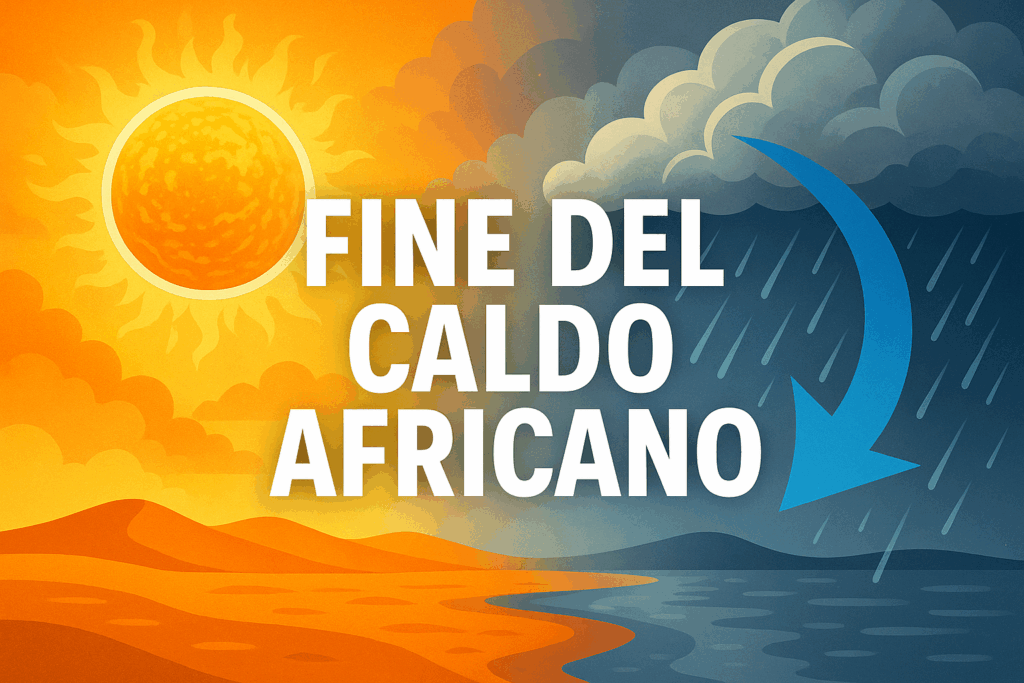 Illustrazione orizzontale con grande sole arancione e paesaggio desertico sulla sinistra, freccia blu verso destra che indica pioggia, nuvole scure e un paesaggio più fresco, con la scritta “Fine del caldo africano” in primo piano.