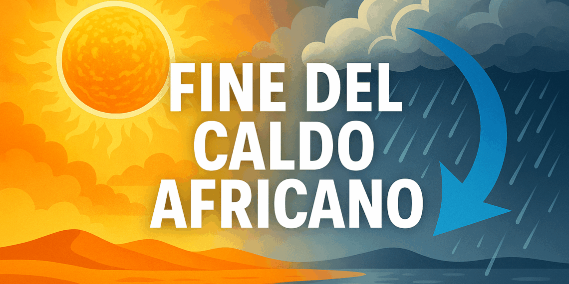 Illustrazione orizzontale con grande sole arancione e paesaggio desertico sulla sinistra, freccia blu verso destra che indica pioggia, nuvole scure e un paesaggio più fresco, con la scritta “Fine del caldo africano” in primo piano.