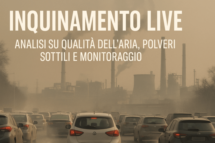 Traffico urbano intenso e auto in coda con smog e fumi industriali sullo sfondo, simbolo dell’inquinamento dell’aria e delle polveri sottili in Italia. Banner con scritta “Inquinamento Live: analisi su qualità dell’aria, polveri sottili e monitoraggio”.