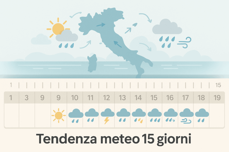 Illustrazione moderna con mappa dell’Italia, frecce e simboli meteo, calendario con icone dal giorno 8 al 15, e scritta “Tendenza meteo 15 giorni”. Rappresenta visivamente le previsioni a medio termine per l’Italia.
