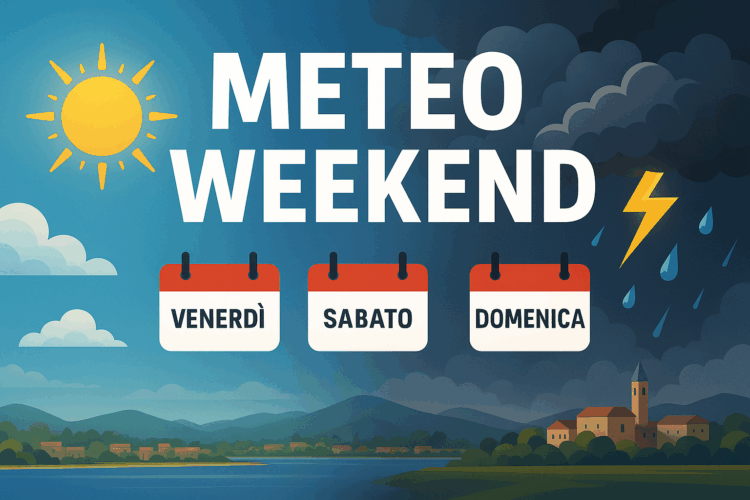 Banner Meteo Weekend: metà cielo sereno con sole, metà temporale con fulmine e pioggia, scritta METEO WEEKEND centrale, icone calendario venerdì sabato domenica, paesaggio italiano stilizzato, Meteomag.it