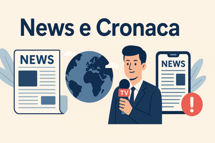 Banner orizzontale con la scritta “News e Cronaca” e simboli di giornale, globo terrestre, giornalista TV, smartphone con notizie e punto esclamativo, rappresentativi di news, notizie oggi, cronaca e ultime notizie.
