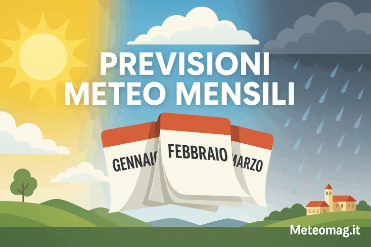 Banner Previsioni Meteo Mensili: sole, nuvole e pioggia su sfondo variabile, pagine di calendario che si sfogliano con i nomi dei mesi gennaio, febbraio, marzo, scritta PREVISIONI METEO MENSILI centrale, Meteomag.it