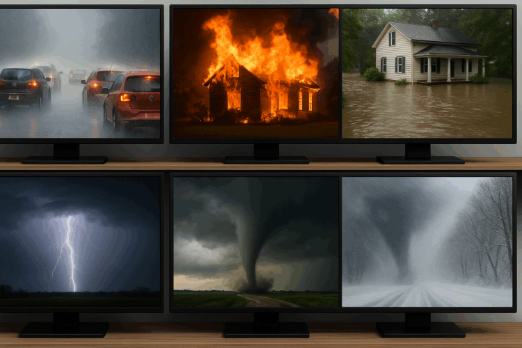 Sei monitor affiancati che mostrano video di meteo estremo: traffico con pioggia intensa, incendio, casa allagata per alluvione, temporale con fulmine, tromba d’aria, e bufera di neve.