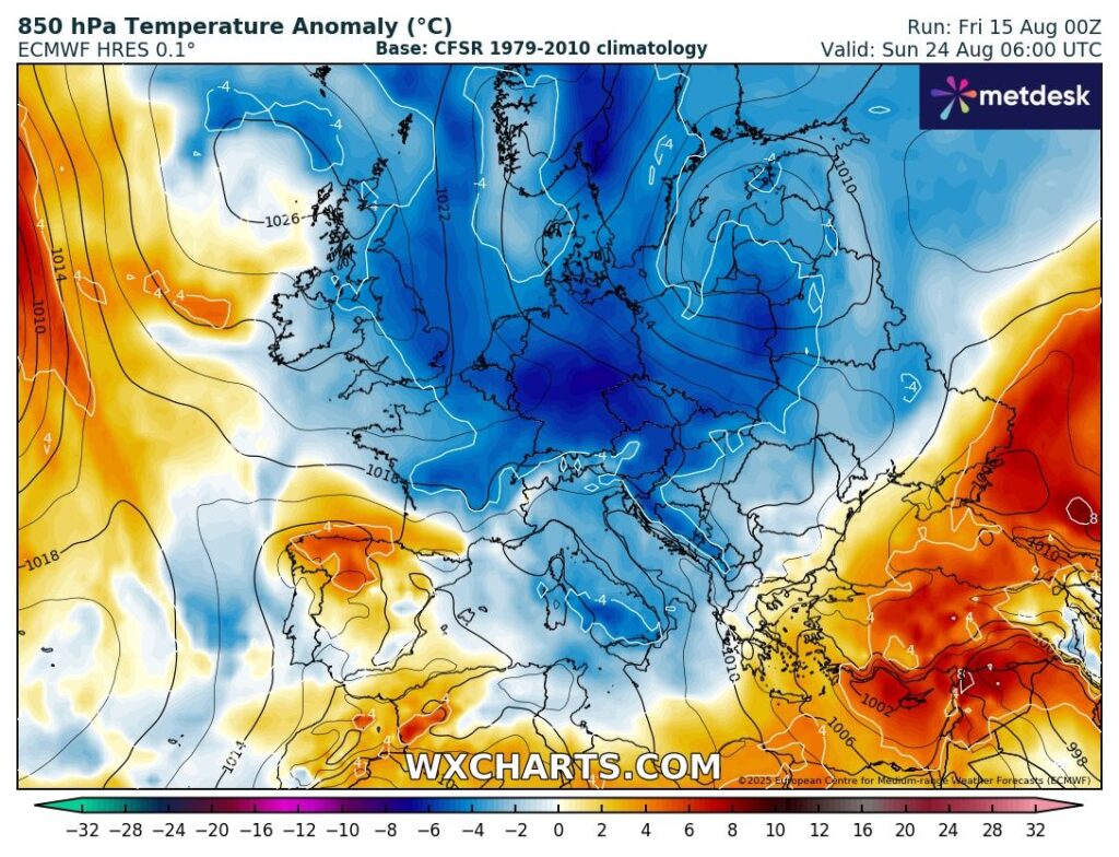 Mappa meteo Europa 21-24 agosto 2025 con irruzione di aria fredda e fine del caldo di agosto
