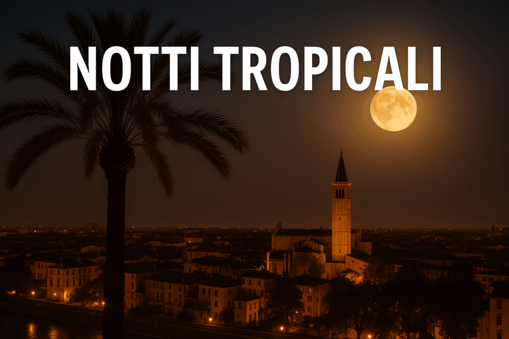 Città italiana di notte con temperature tropicali e umidità elevata, cielo sereno e luci cittadine riflesse