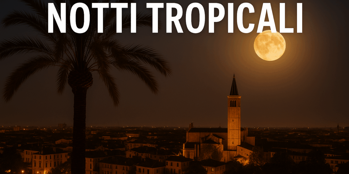 Città italiana di notte con temperature tropicali e umidità elevata, cielo sereno e luci cittadine riflesse